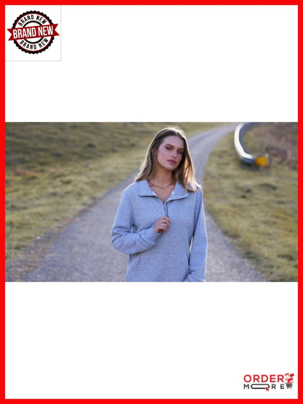 Women's Quarter Zip Quilted Sweatshirt Long Sleeve Pullover Kangaroo Pocket - Picture 6 of 6